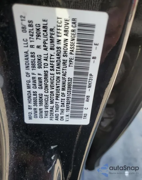 2012 Honda Civic Lx from USA, damaged, VIN 19XFB2F51CE086532